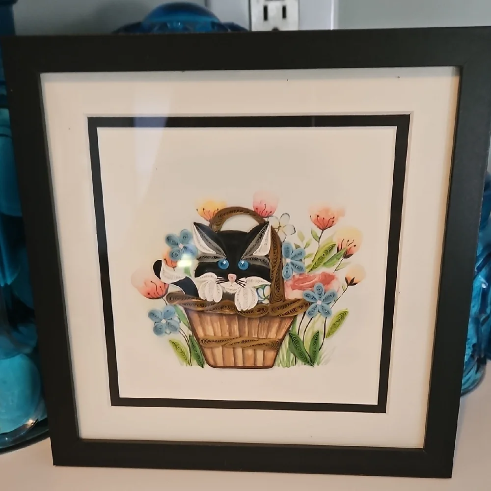 Framed Cat Art with Floral Design